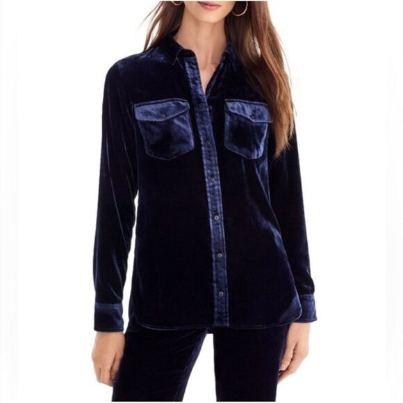J. Crew Navy Blue Velvety Velour Button Up Pocket Chest Long Sleeve Shirt - Picture 1 of 16